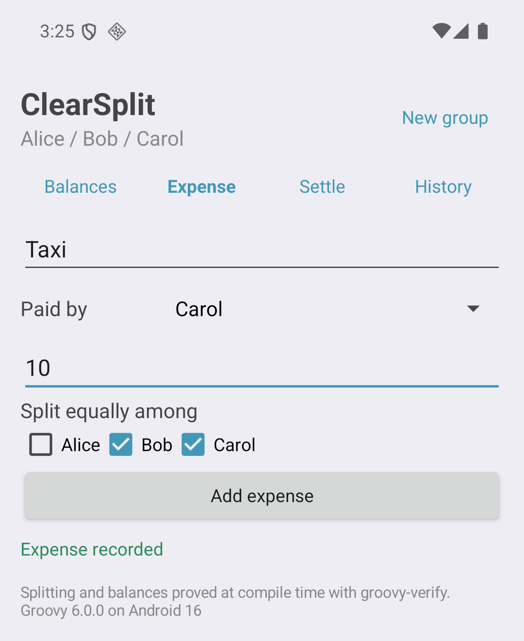 The Android app’s expense form: a taxi paid by Carol, split between Bob and Carol